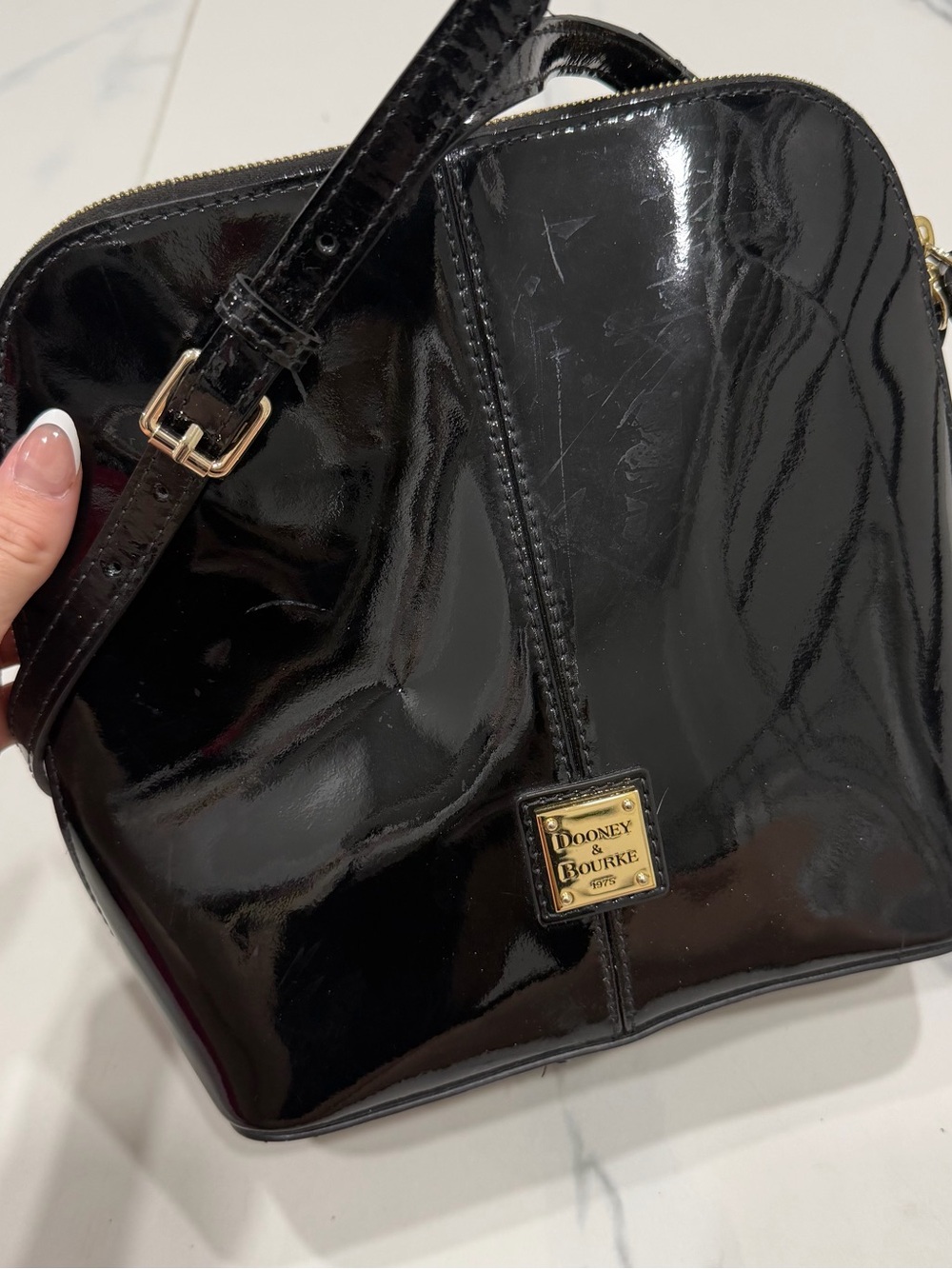 Dooney & Bourke Black Patent Leather Crossbody Shoulder Bag with Gold Plaque
